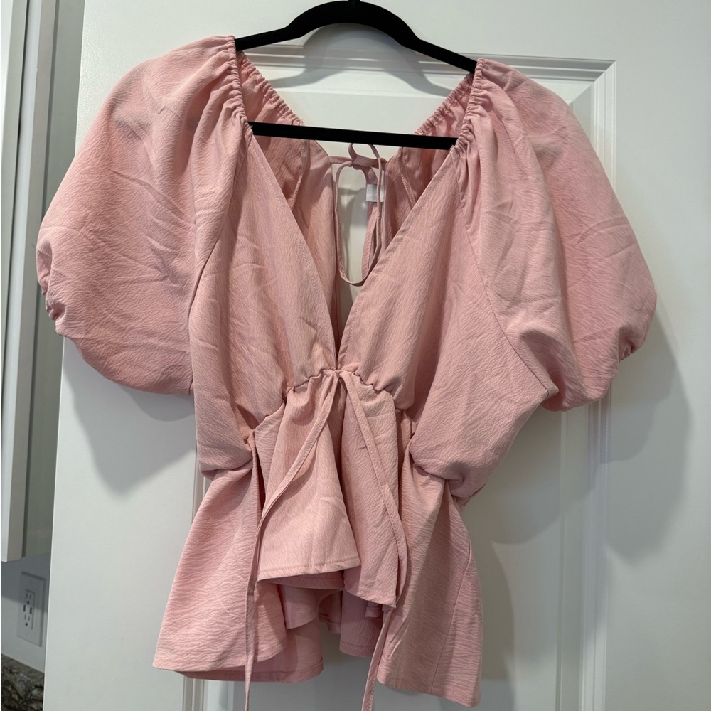 Pink Puff-Sleeve Peplum Tie-back Top